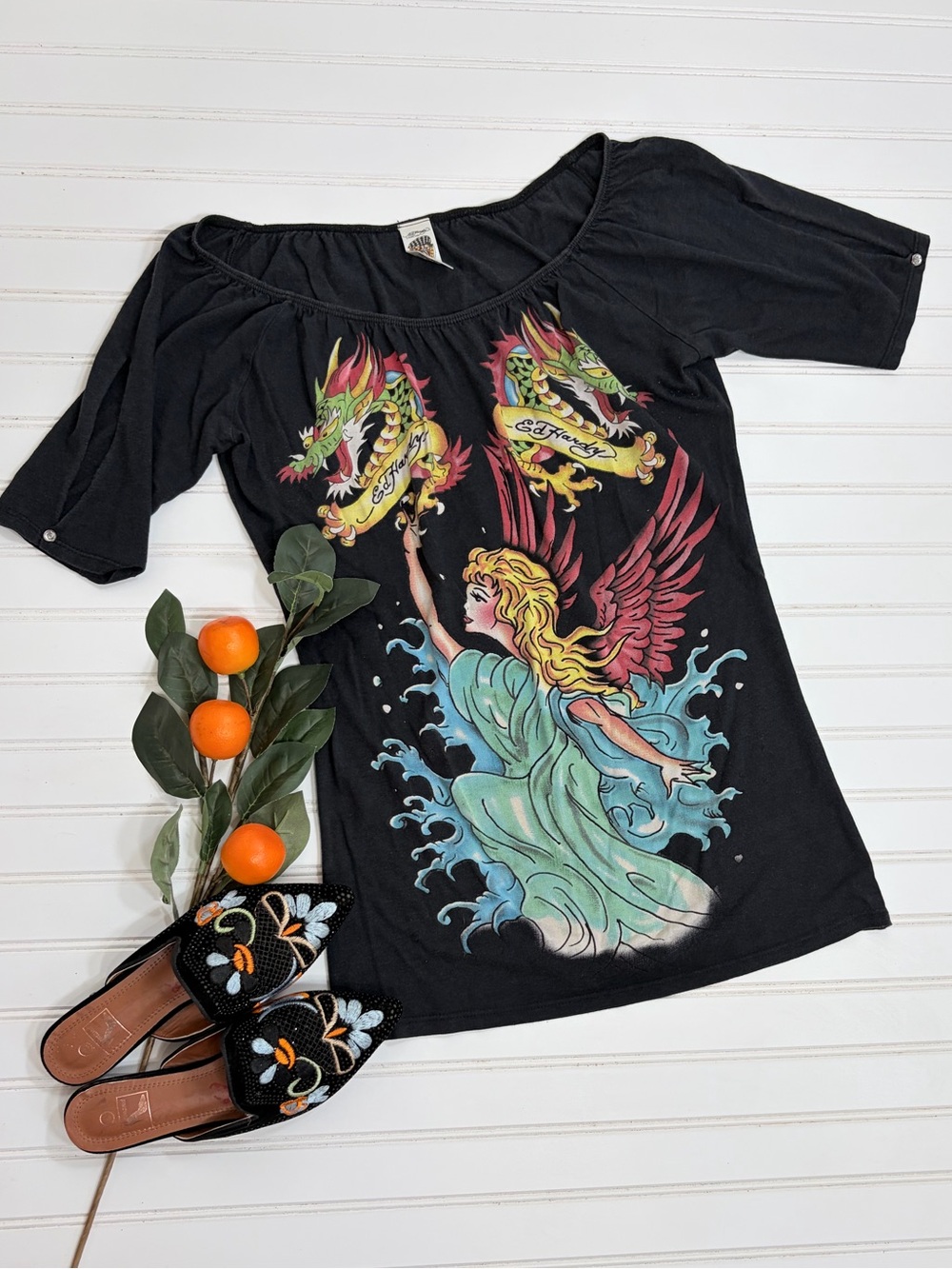 Ed Hardy Y2K Dragons Angel Short Sleeve Graphic Tunic Top